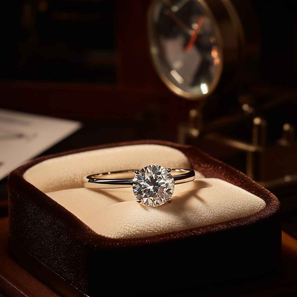 A 1 carat diamond ring on a velvet cushion, surrounded by a magnifying glass, grading chart, and jeweler's tools to represent carat weight and quality.

