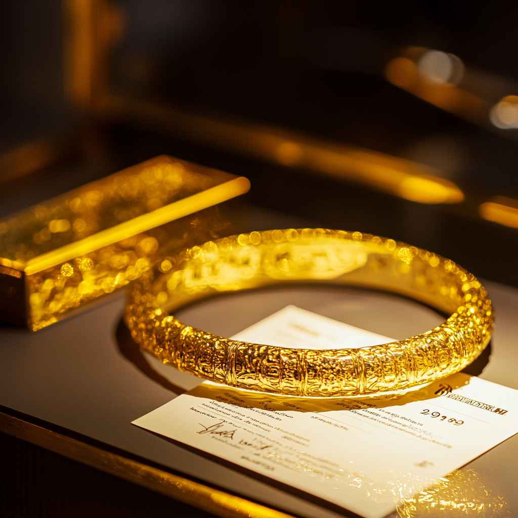 24k gold bracelet with a vibrant yellow color, placed alongside a purity certificate and gold bar, showcasing its high value and purity.